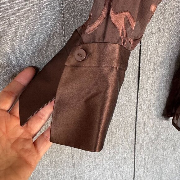 Victor Costa Occasion Brown Sheer Silk Satin Print Long Sleeve Tunic Top Size L - Picture 7 of 11